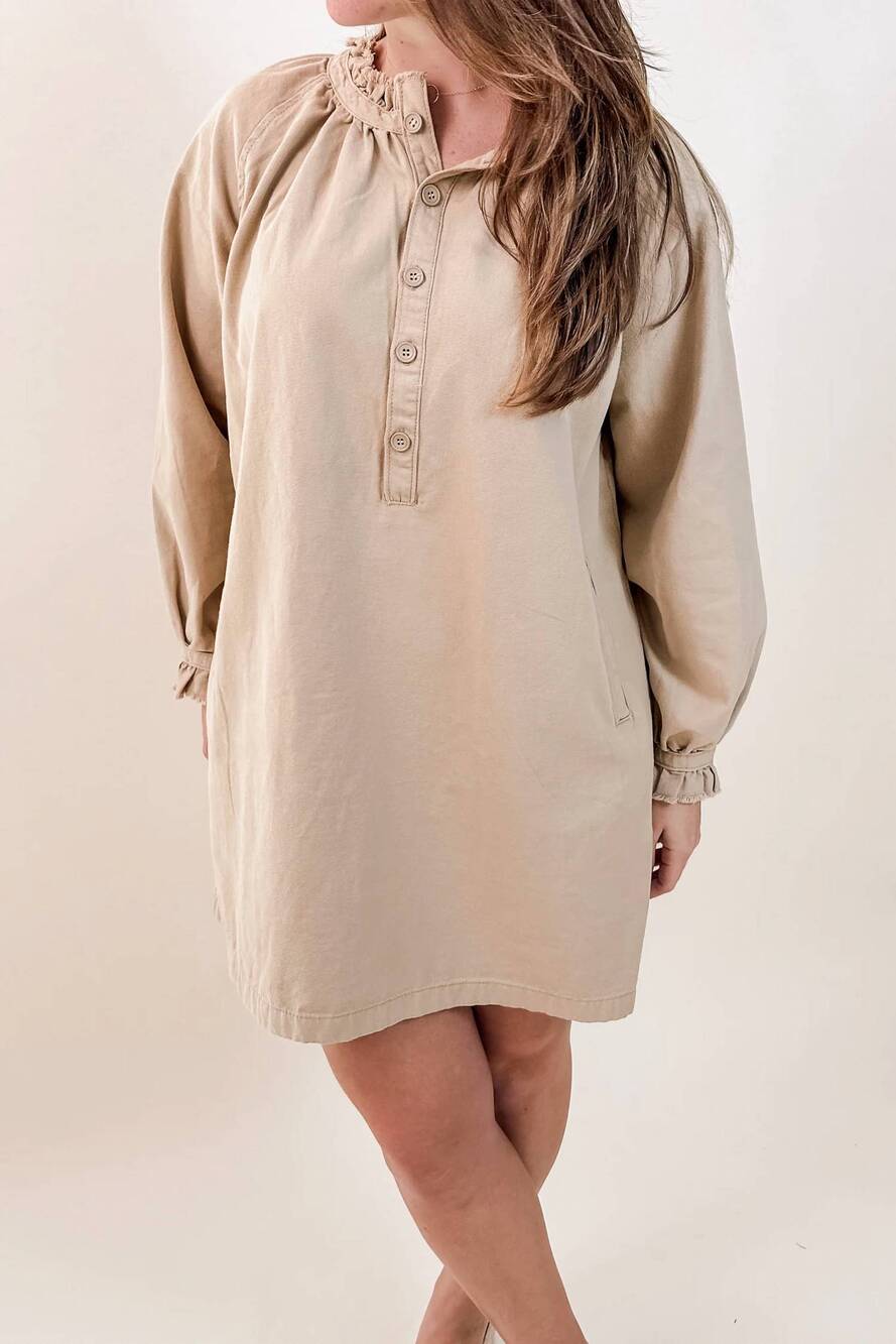 NEW GRADE & GATHER enzyme washed twill dress in beige